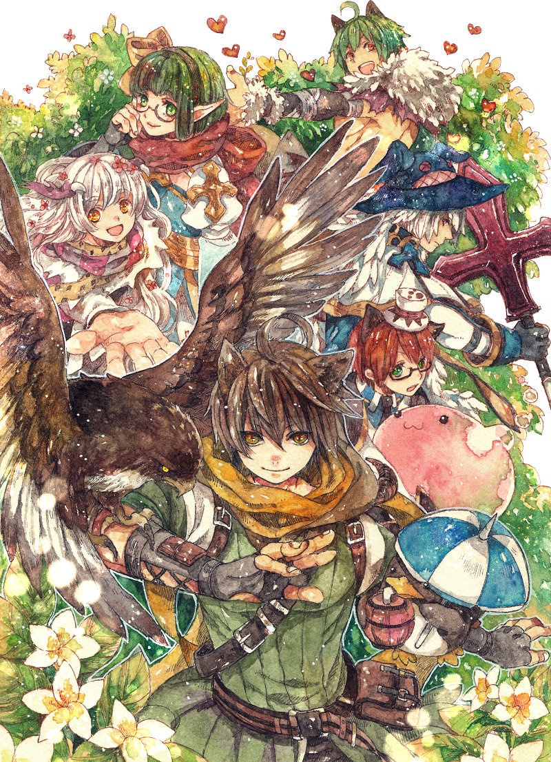 1girl, 5boys, :3, ahoge, animal_ears, arch_bishop_(ragnarok_online), belt, bird