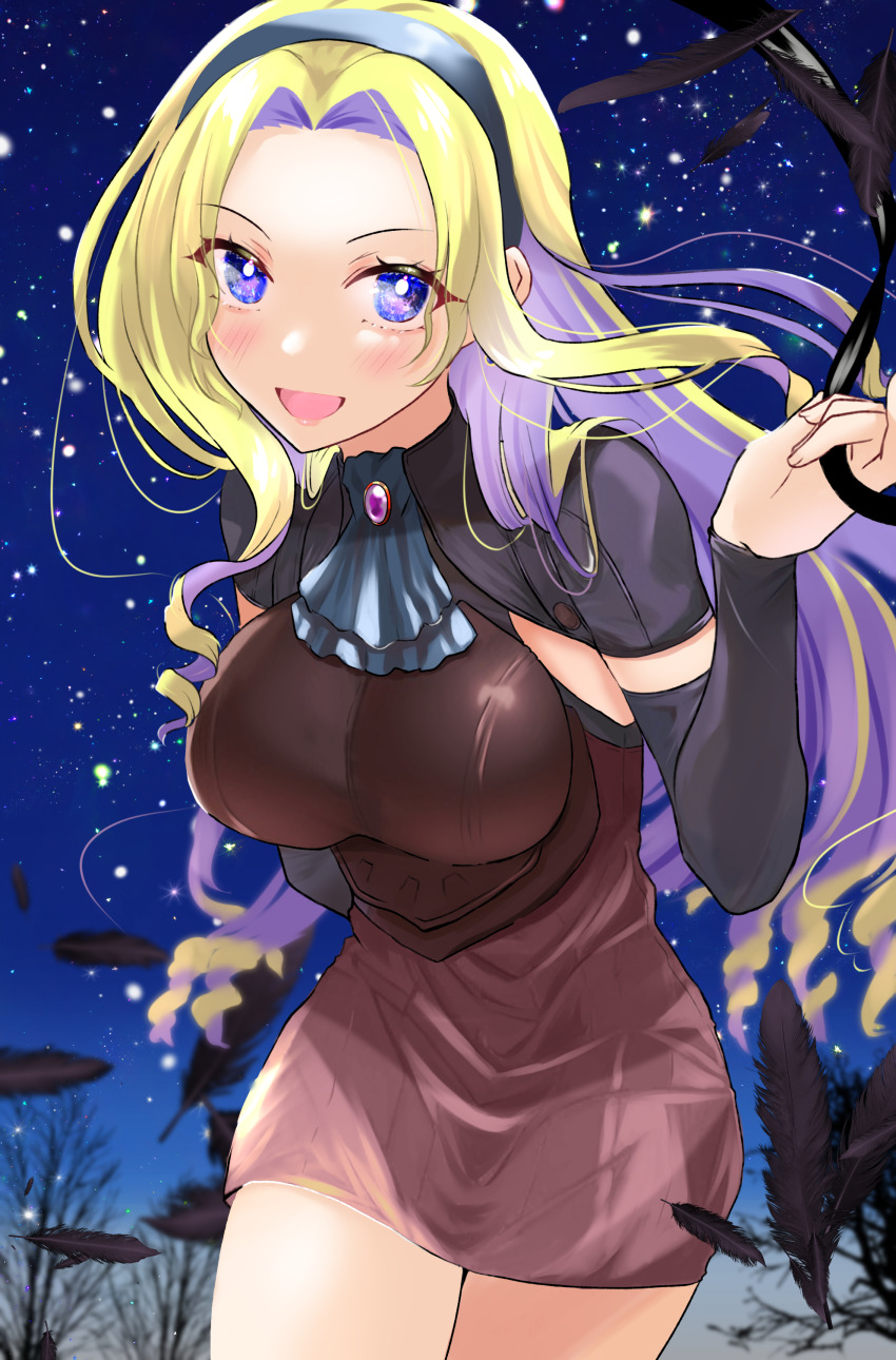 1girl, absurdres, ascot, black_feathers, black_hairband, black_sleeves, blonde_hair, blue_ascot