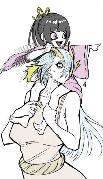 1boy, 1girl, black_hair, breasts, carrying, grey_hair, holding_legs, japanese_clothes, kimono, large_breasts, long_hair, looking_to_the_side, medium_hair, motion_lines, official_art, open_mouth, orochi_(rosen_garten_saga), pink_eyes, pink_kimono, pointing, pointing_to_the_side, ponytail, rosen_garten_saga, shoulder_carry, sideboob, simple_background, smile, tonouka_yousetsu, white_background, yamato_takeru_(rosen_garten_saga)