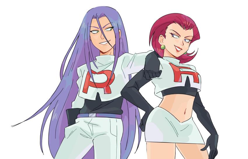 1boy, 1girl, absurdres, alternate_hair_length, alternate_hairstyle, black_gloves, blue_eyes, blue_hair, breasts, commentary, crop_top, elbow_gloves, english_commentary, eyeliner, gloves, green_eyes, hair_length_switch, hand_in_pocket, hand_on_another's_shoulder, highres, james_(pokemon), jessie_(pokemon), kiana_mai, lipstick, long_hair, looking_at_another, makeup, medium_breasts, midriff, miniskirt, navel, nintendo, pants, pokemon, pokemon_(anime), pokemon_(classic_anime), purple_hair, red_lips, short_hair, single_letter, skirt, team_rocket, team_rocket_uniform, very_long_hair, white_background, white_pants, white_skirt
