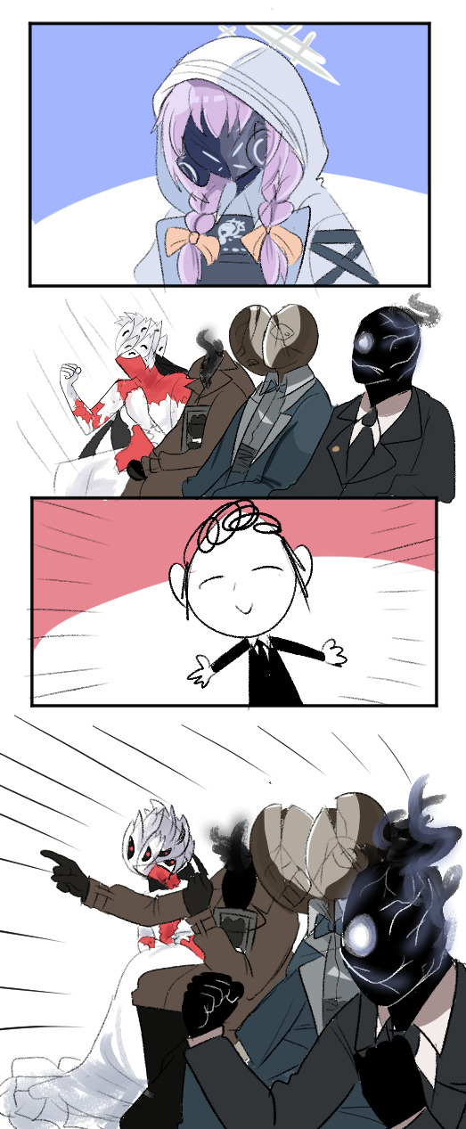 2girls, 4boys, 4koma, atsuko_(blue_archive), beatrice_(blue_archive), black_skin, black_suit, black_suit_(blue_archive)