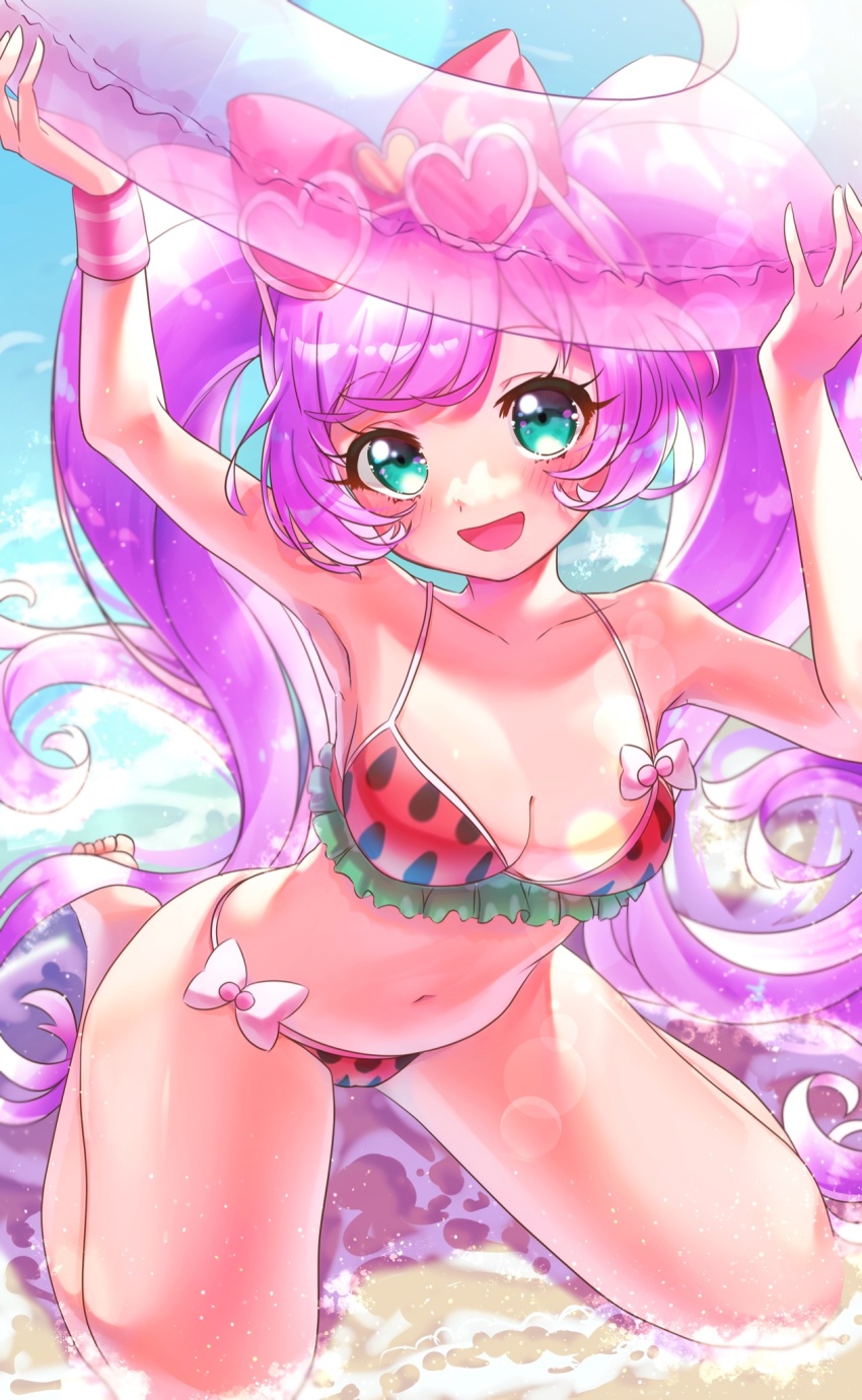 1girl, armband, arms_up, bare_legs, bare_shoulders, barefoot, beach, bikini, blue_eyes, blush, bow, collarbone, eyelashes, female_focus, food_print, fruit_print, hair_bow, heart, heart-shaped_eyewear, highres, holding, holding_swim_ring, innertube, lens_flare, long_hair, looking_at_viewer, manaka_laala, midriff, moukinui, navel, open_mouth, outdoors, pink_bow, pretty_series, pripara, purple_hair, red_bikini, seiza, shore, sitting, smile, solo, stomach, strawberry_print, sunglasses, sunglasses_on_head, swim_ring, swimsuit, thighs, toes, transparent_innertube, twintails, very_long_hair, water, watermelon_print