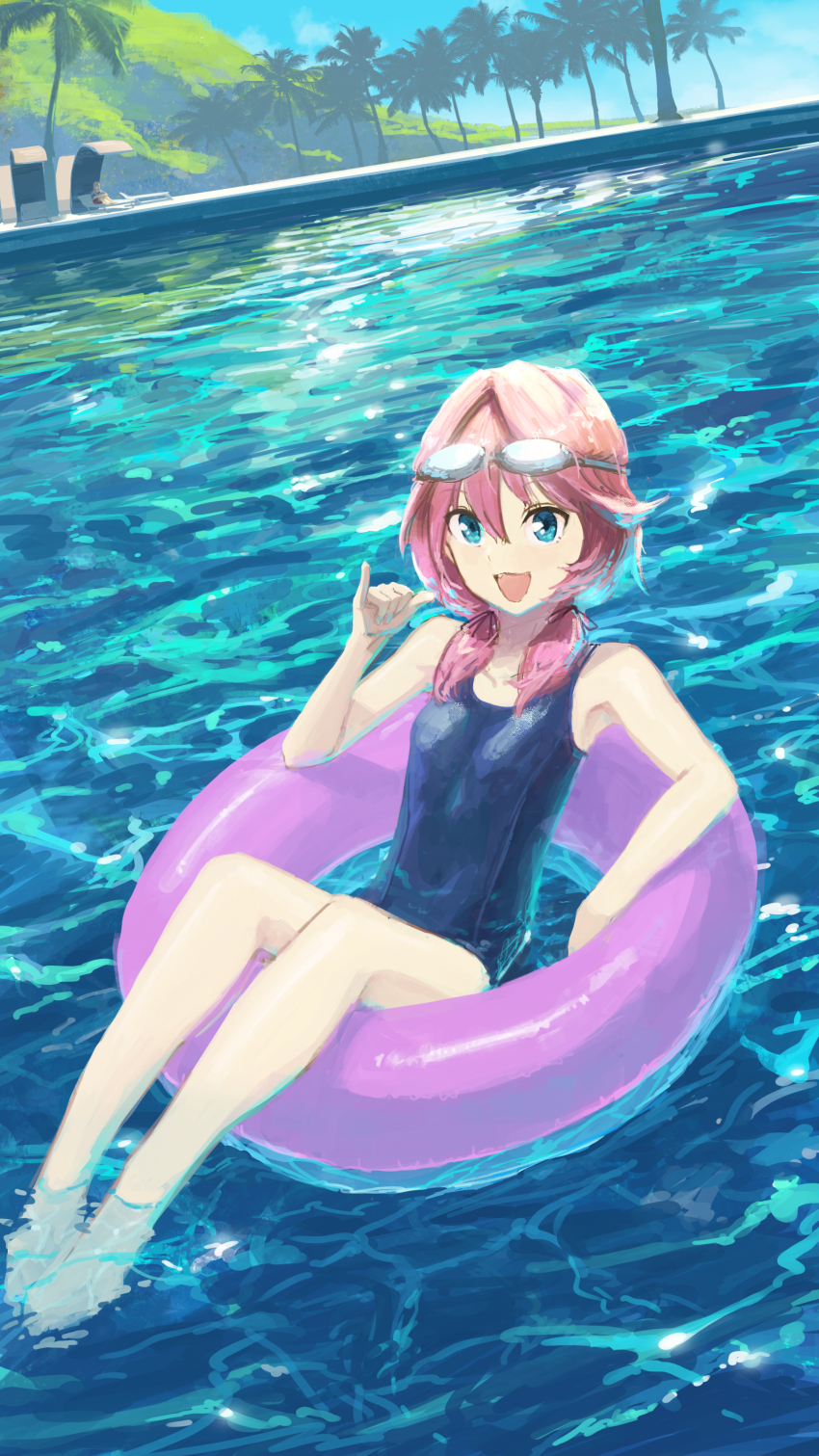 2girls, absurdres, akb49_ren'ai_kinshi_jourei, arisu_ria, barefoot, blonde_hair, blue_eyes, blue_one-piece_swimsuit