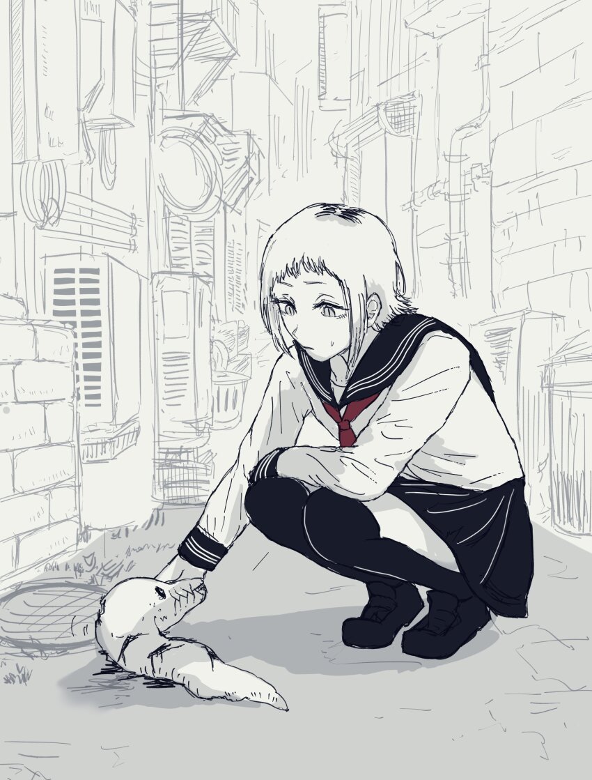 1girl, absurdres, aged_down, alley, black_thighhighs, blue_sailor_collar, chainsaw_man, highres