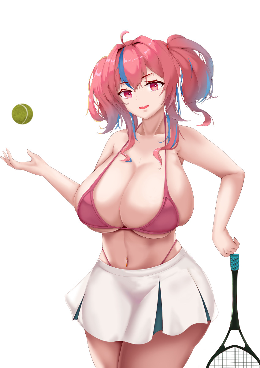 1girl, absurdres, azur_lane, ball, blue_hair, bra, breasts, bremerton_(azur_lane), bremerton_(scorching-hot_training)_(azur_lane), chuer_722, cowboy_shot, curvy, highres, huge_breasts, long_hair, looking_at_viewer, miniskirt, multicolored_hair, navel_piercing, piercing, pink_bra, pink_eyes, pink_hair, racket, see-through_clothes, see-through_silhouette, see-through_skirt, simple_background, skindentation, skirt, solo, standing, streaked_hair, tennis_ball, tennis_racket, twintails, two-tone_hair, underwear, white_background, white_skirt, wide_hips