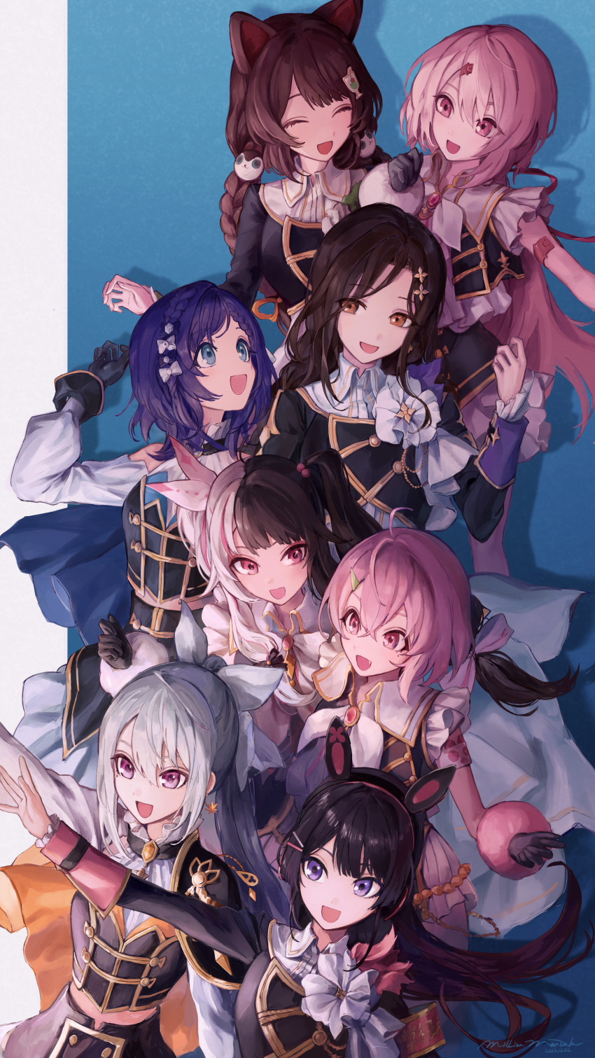 6+girls, absurdres, aiba_uiha, animal_ears, black_jacket, cape, fake_animal_ears, hair_ornament