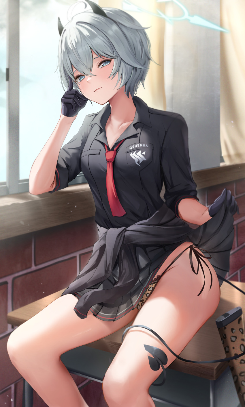 1girl, absurdres, black_gloves, black_shirt, blue_archive, breasts, brick_wall, clothes_around_waist, clothes_lift, collarbone, collared_shirt, curtains, demon_horns, demon_tail, desk, elbow_rest, erika_(blue_archive), fabarm_sdass, gloves, grey_hair, grey_jacket, grey_skirt, gun, hair_between_eyes, halo, highres, horns, jacket, jacket_around_waist, lifting_own_clothes, looking_at_viewer, moleshi, necktie, on_desk, open_collar, panties, pantyshot, pleated_skirt, red_necktie, school_desk, shirt, short_hair, short_sleeves, shotgun, side-tie_panties, sitting, skirt, skirt_lift, small_breasts, smug, solo, string_panties, tail, underwear, weapon, window