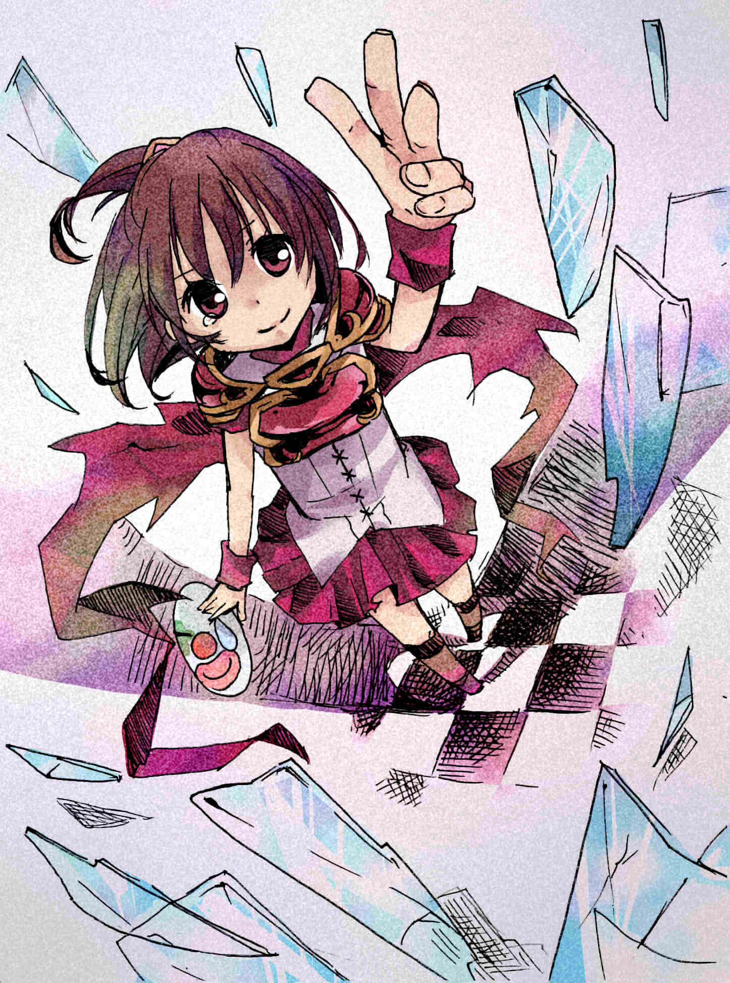 1girl, broken_glass, broken_mirror, brown_hair, checkered_floor, chia_aich, closed_mouth, clown_mask