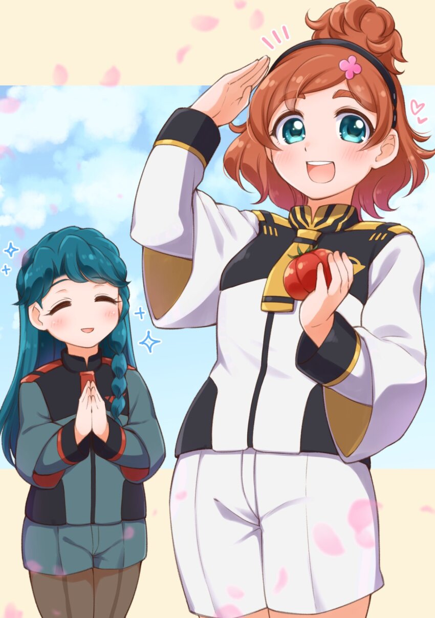 2girls, arakawa_tarou, asticassia_school_uniform, back-seamed_legwear, black_pantyhose, blue_eyes, blue_hair, border