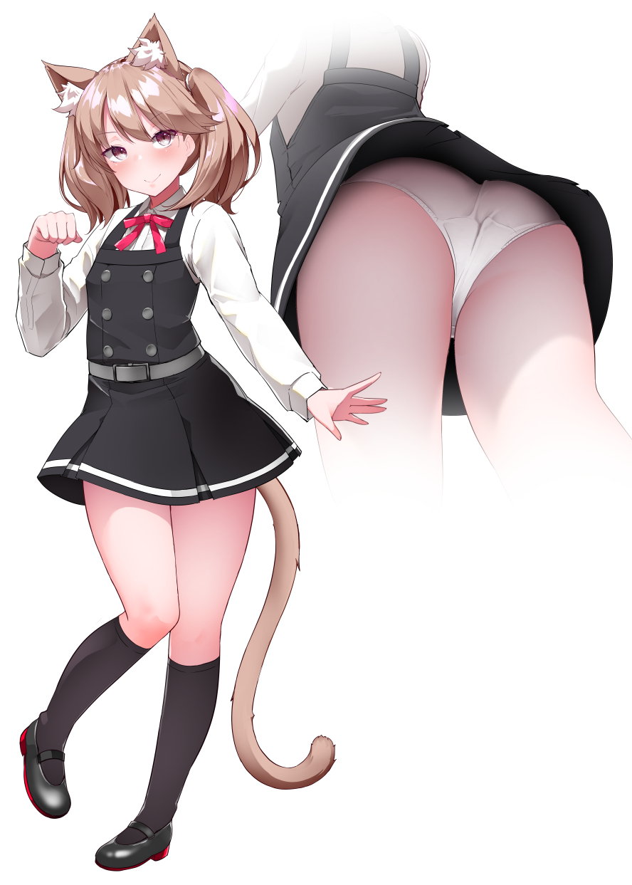 1girl, animal_ears, ass, brown_eyes, brown_hair, cat_ears, commentary_request, cosplay, dress, full_body, highres, kantai_collection, kasumi_(kancolle), kasumi_(kancolle)_(cosplay), kasumi_kai_ni_(kancolle), kasumi_kai_ni_(kancolle)_(cosplay), kirigakure_(kirigakure_tantei_jimusho), kneehighs, multiple_views, panties, pantyshot, pinafore_dress, ryuujou_(kancolle), short_dress, sleeveless_dress, socks, twintails, underwear, white_panties