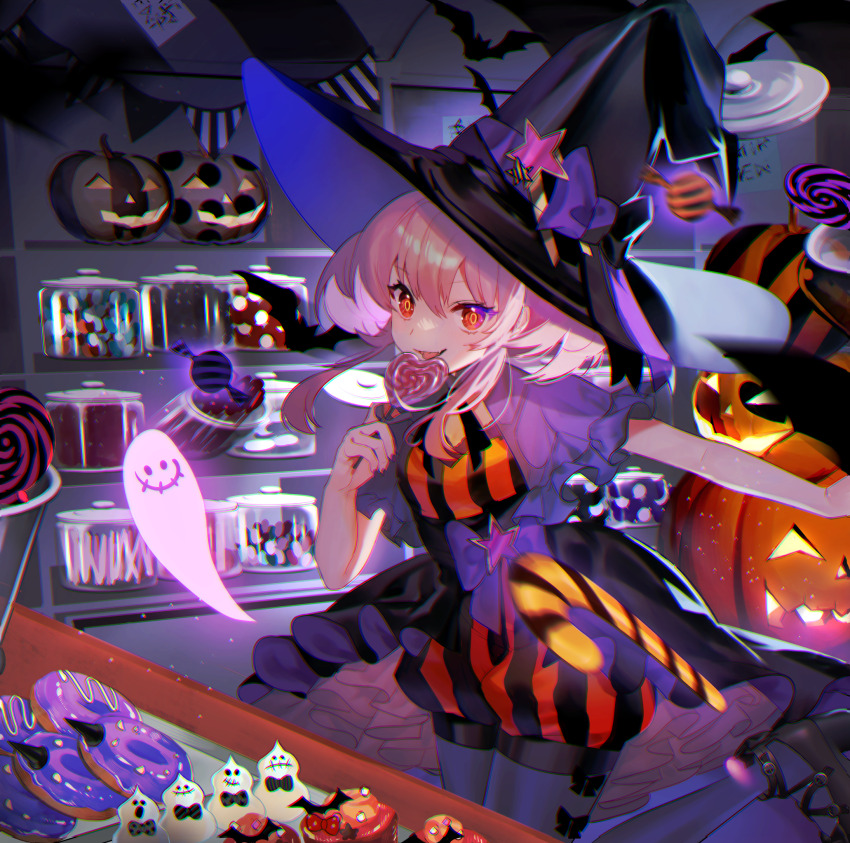 1girl, bat_(animal), bow, bow_legwear, candy, candy_cane, capelet, commentary