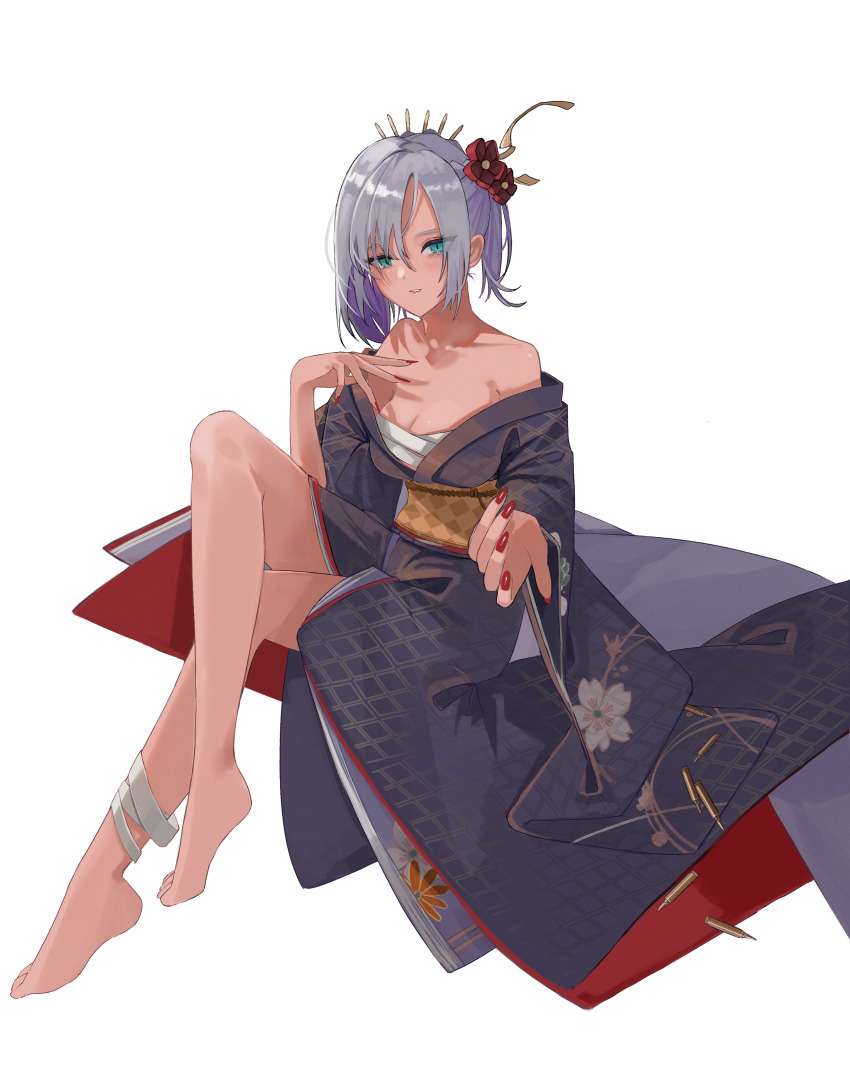 1girl, absurdres, aqua_eyes, arm_up, bandaged_leg, bandages, bare_legs, bare_shoulders, barefoot, breasts, chest_sarashi, cleavage, collarbone, commission, crossed_legs, feet, flower, full_body, girls'_frontline, grey_hair, hair_flower, hair_ornament, highres, japanese_clothes, kimono, legs, looking_at_viewer, medium_breasts, mg5_(dark_blossom_of_the_end)_(girls'_frontline), mg5_(girls'_frontline), midriff_sarashi, nail_polish, official_alternate_costume, open_mouth, parted_lips, pixiv_commission, reaching, reaching_towards_viewer, red_nails, sarashi, short_hair, sitting, slit_pupils, solo, teizen_(niwamaee), toes, white_background