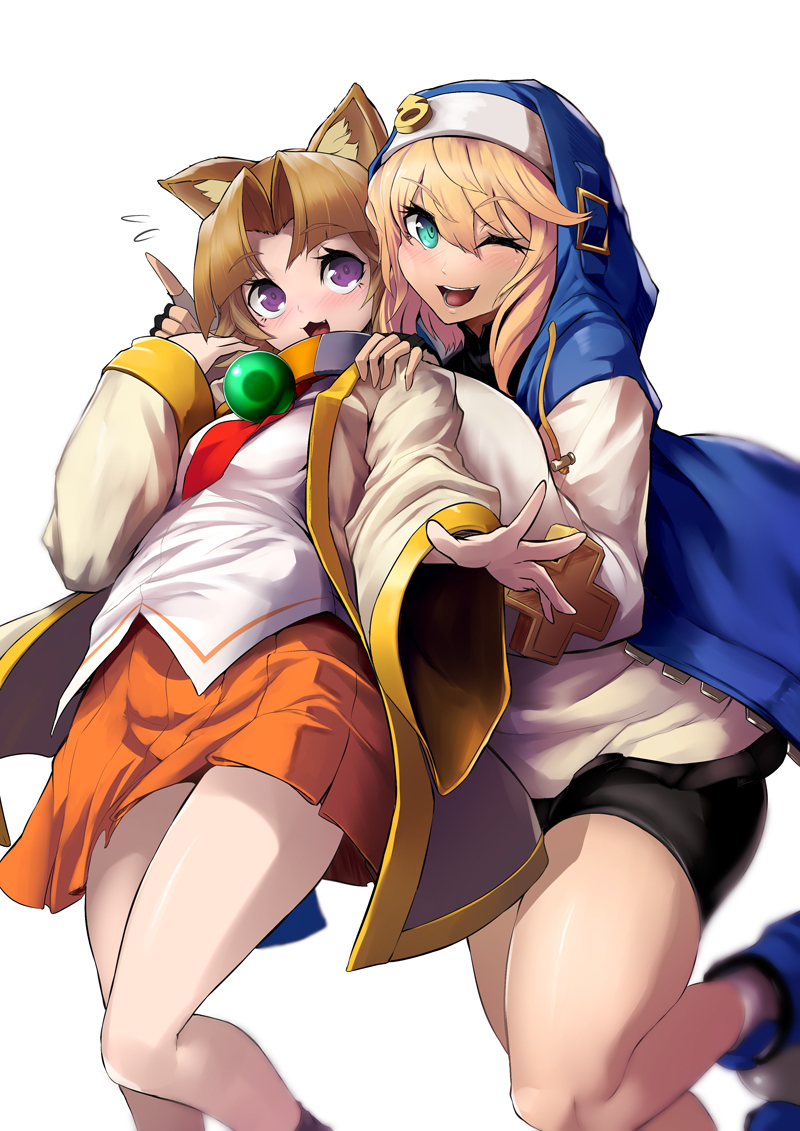 1boy, 1girl, animal_ears, arcana_heart, black_shorts, blonde_hair, blush, bridget_(guilty_gear)