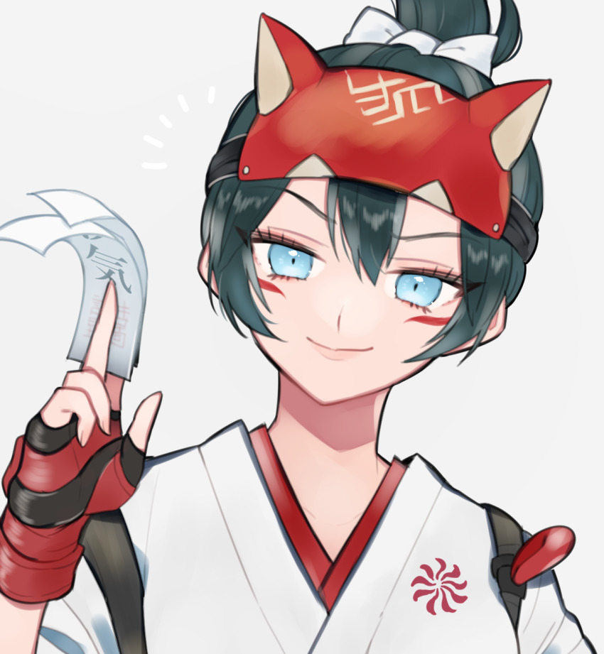 1girl, animification, between_fingers, blue_eyes, bow, cookie_galo, fingerless_gloves, gloves, green_hair, hair_between_eyes, hair_bow, head_tilt, headgear, highres, holding, holding_ofuda, japanese_clothes, kimono, kiriko_(overwatch), looking_at_viewer, ofuda, ofuda_between_fingers, overwatch, overwatch_2, ponytail, portrait, red_gloves, smile, solo, white_background, white_bow, white_kimono