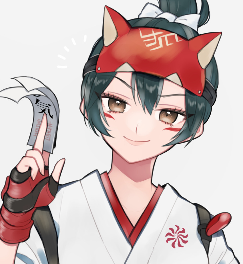 1girl, animification, between_fingers, bow, brown_eyes, cookie_galo, fingerless_gloves, gloves, green_hair, hair_between_eyes, hair_bow, head_tilt, headgear, highres, holding, holding_ofuda, japanese_clothes, kimono, kiriko_(overwatch), looking_at_viewer, ofuda, ofuda_between_fingers, overwatch, overwatch_2, ponytail, portrait, red_gloves, smile, solo, white_background, white_bow, white_kimono