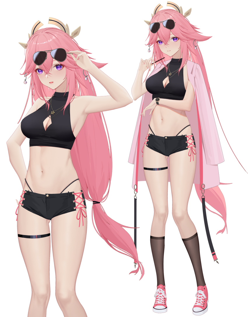 1girl, alternate_costume, armpits, bare_arms, black_shorts, black_socks, breasts, cleavage