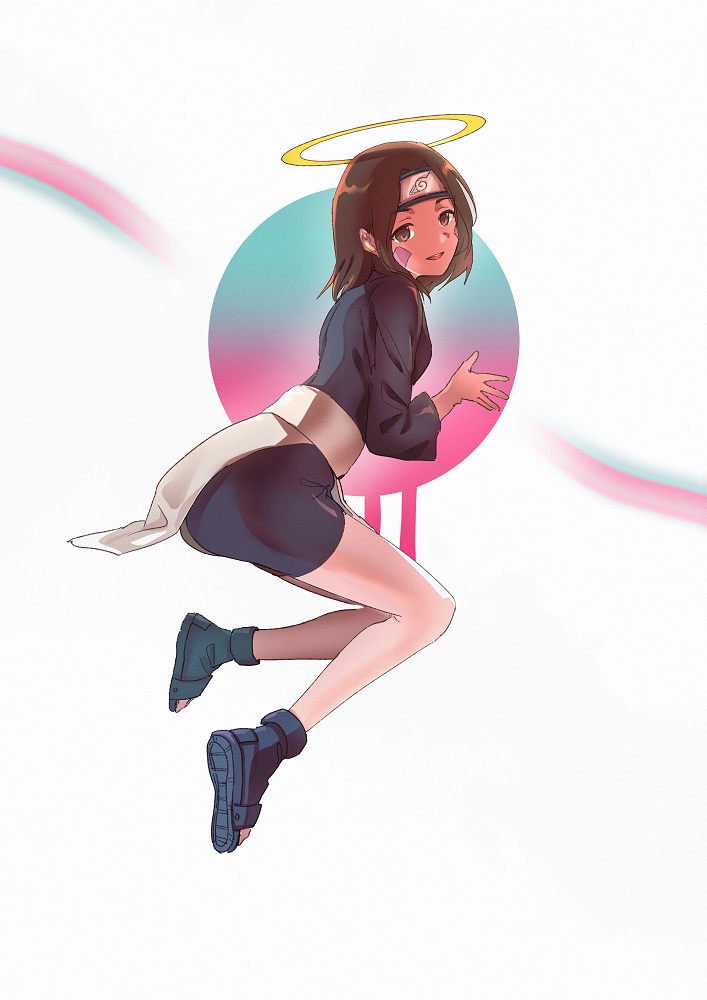 1girl, :d, bike_shorts, black_kimono, black_shorts, blue_footwear, brown_eyes, brown_hair