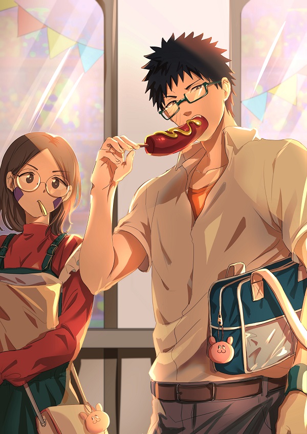 1boy, 1girl, aged_up, alternate_costume, bag, belt, belt_buckle, black_hair