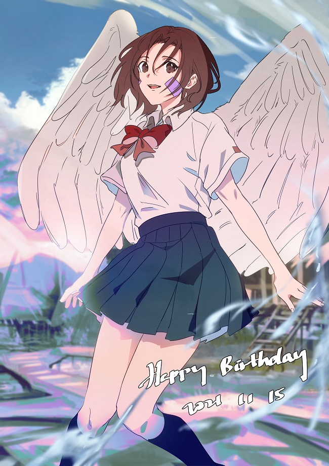 1girl, 2021, :d, alternate_costume, angel_wings, blue_socks, blurry, blurry_background