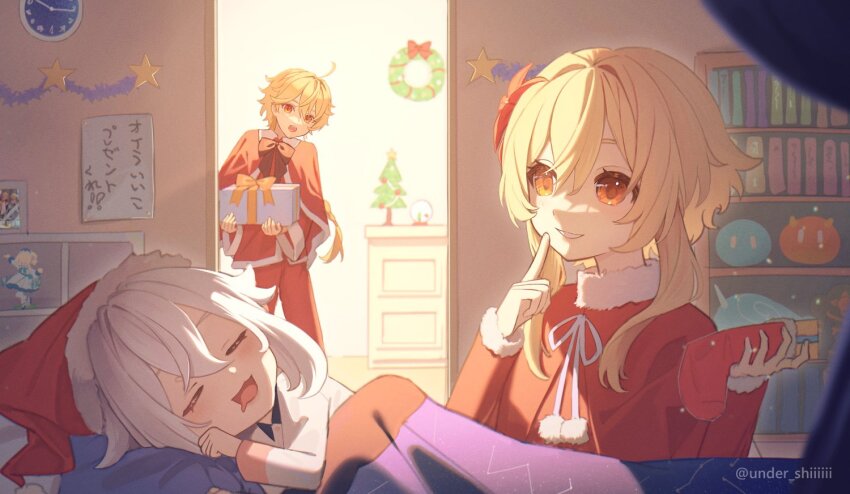 1boy, 2girls, aether_(genshin_impact), ahoge, alternate_costume, arm_up, artist_name, barbara_(genshin_impact)