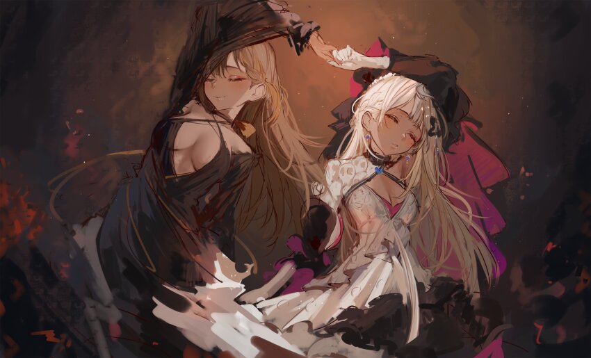 2girls, absurdres, alternate_costume, arms_up, black_dress, black_hair, braid, braided_bangs, breasts, cape, cleavage, closed_eyes, closed_mouth, criss-cross_halter, dress, earrings, gloves, halter_dress, halterneck, highres, holding_hands, jewelry, long_hair, medium_breasts, multiple_girls, naokomama, nijisanji, nijisanji_en, orange_hair, petra_gurin, plunging_neckline, reimu_endou, reimu_endou_(anniversary_dress), skull_print, smile, underboob, virtual_youtuber, white_hair