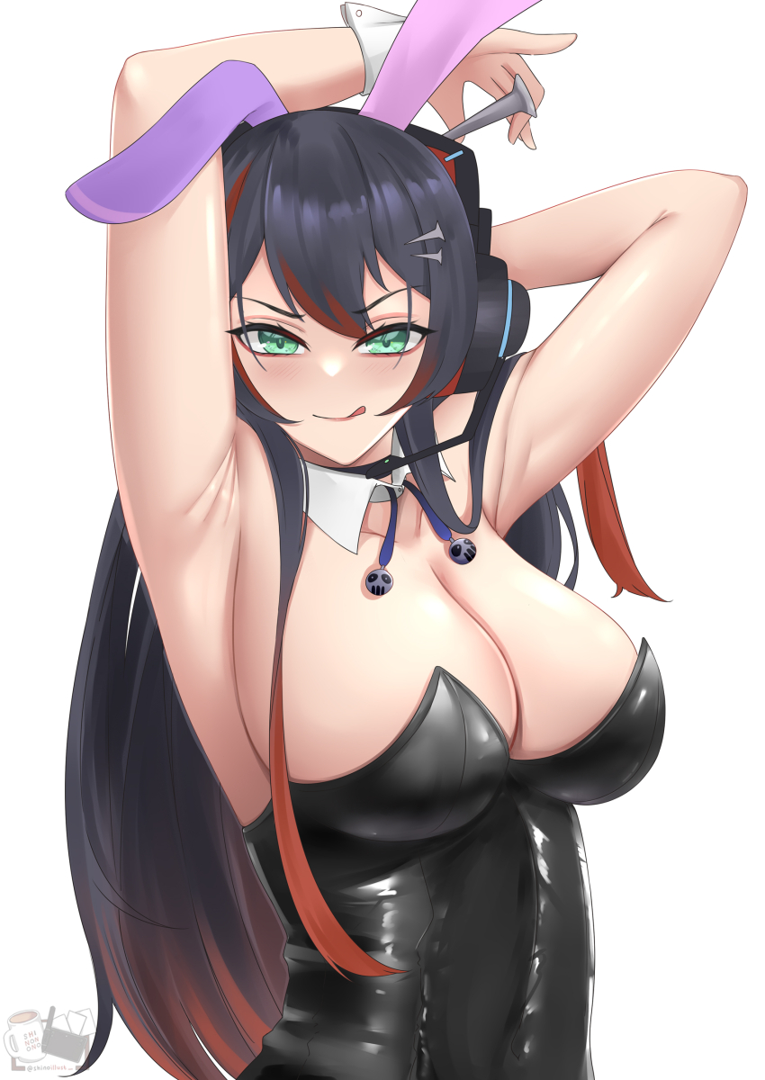 1girl, :p, absurdres, animal_ears, armpits, arms_up, artist_name, black_hair