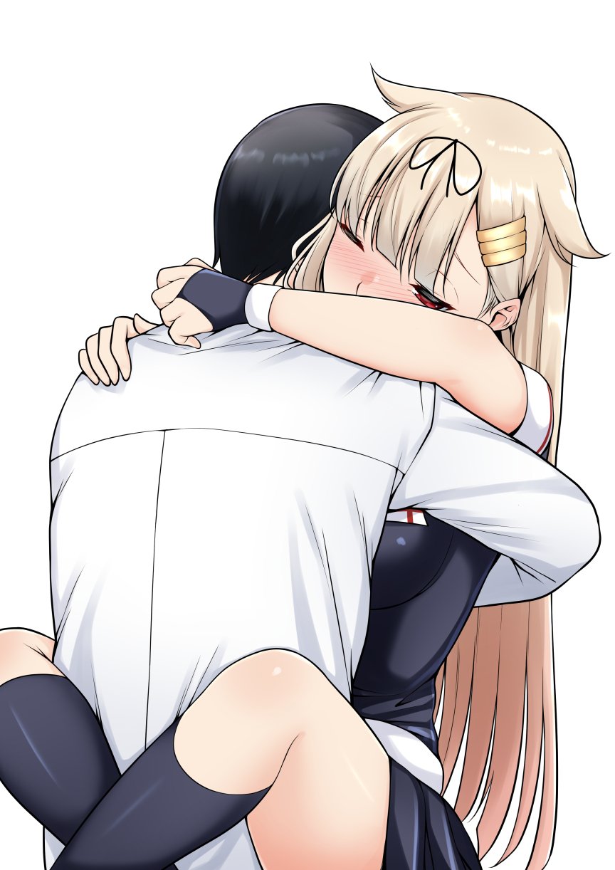 1boy, 1girl, admiral_(kancolle), black_gloves, black_ribbon, black_serafuku, black_shirt, black_skirt, black_socks, blonde_hair, fingerless_gloves, gloves, hair_flaps, hair_ornament, hair_ribbon, hairclip, highres, hug, implied_sex, kantai_collection, leg_lock, long_hair, military, military_uniform, naval_uniform, one_eye_closed, pleated_skirt, red_eyes, ribbon, rikkii_(likito_yuzu_is), sailor_collar, school_uniform, serafuku, shirt, simple_background, skirt, socks, white_background, white_sailor_collar, yuudachi_(kancolle), yuudachi_kai_ni_(kancolle)