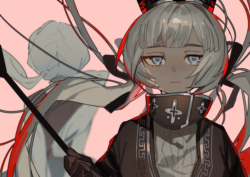 1girl, backlighting, black_gloves, black_headwear, black_ribbon, blue_eyes, charon_(project_moon), closed_mouth