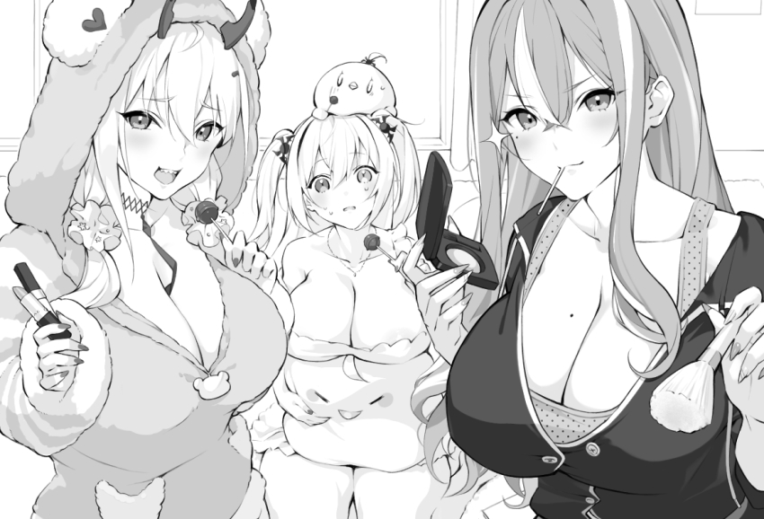3girls, :d, animal, animal_on_head, azur_lane, baby_animal, babydoll, bare_shoulders