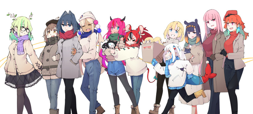 6+girls, absurdres, alternate_costume, animal_ears, bloom_(irys), boots, ceres_fauna, coat