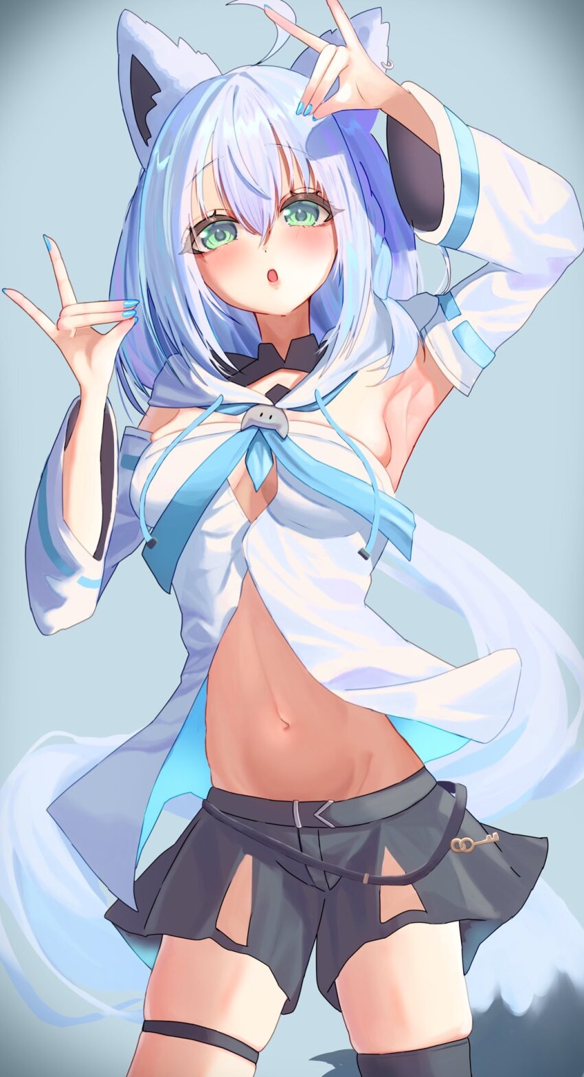 1girl, ahoge, animal_ears, aqua_eyes, armpits, black_thighhighs, blue_nails, breasts