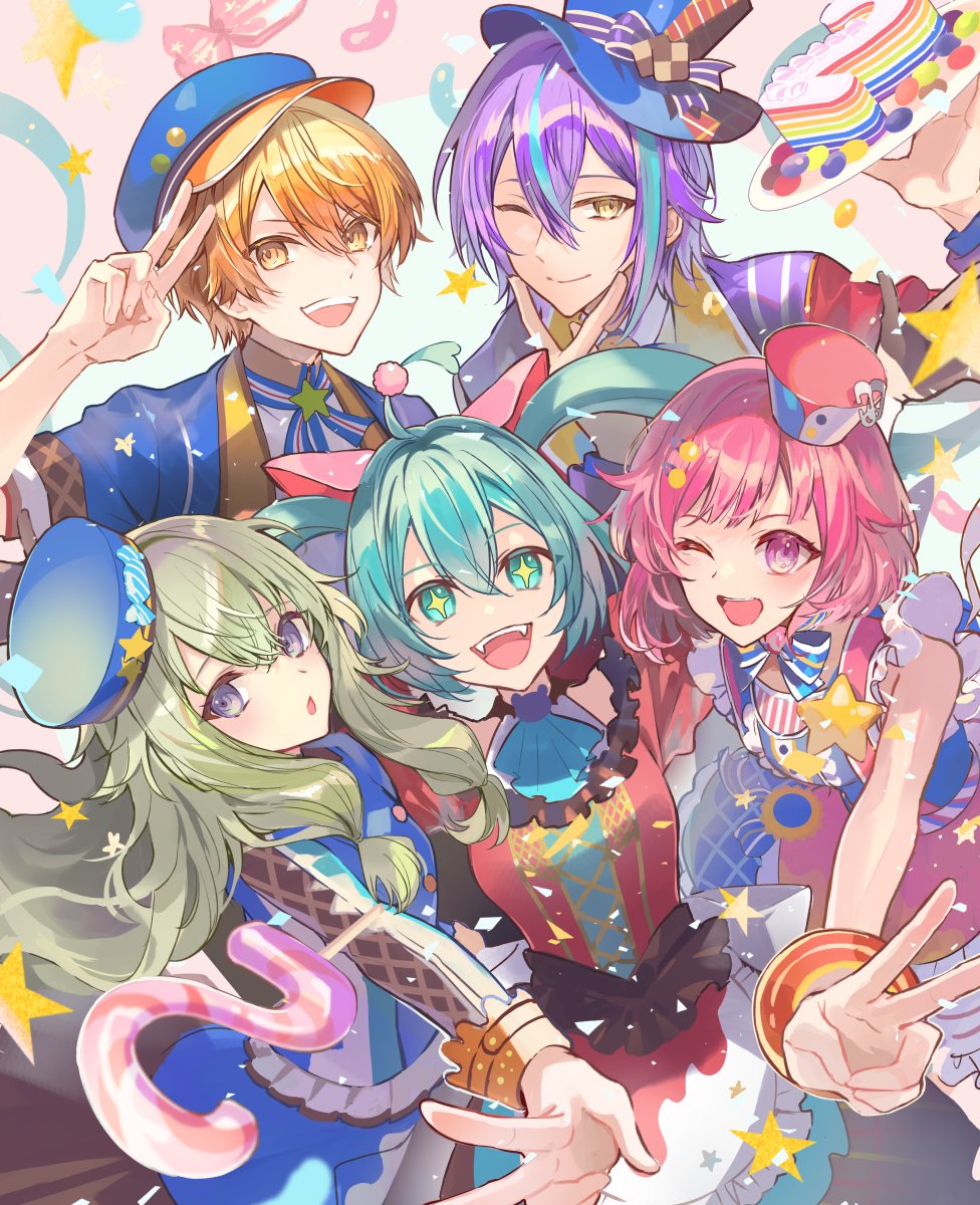 2boys, 3girls, ahoge, animal_ears, ascot, blonde_hair, blue_ascot, blue_bow