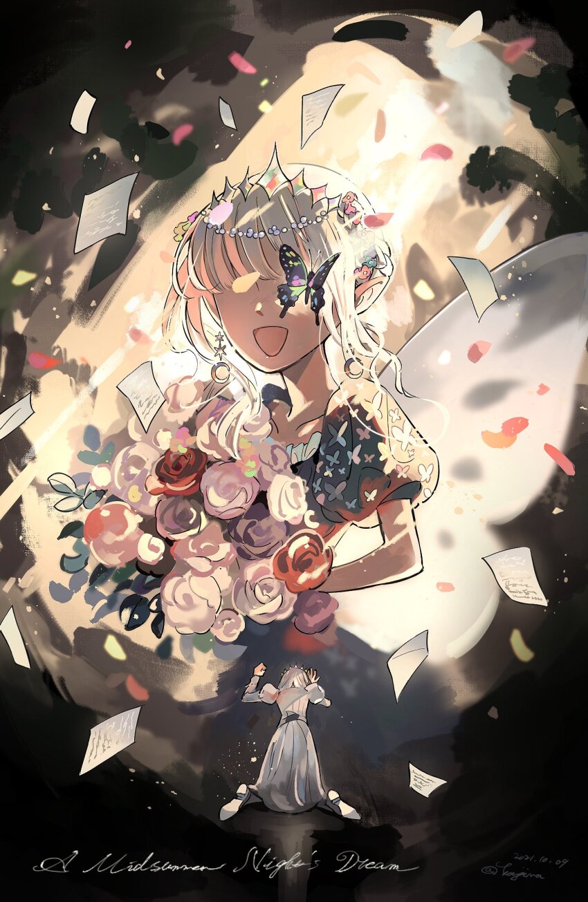 1boy, 1girl, :d, a_midsummer_night's_dream, bouquet, bug, butterfly, butterfly_over_eye
