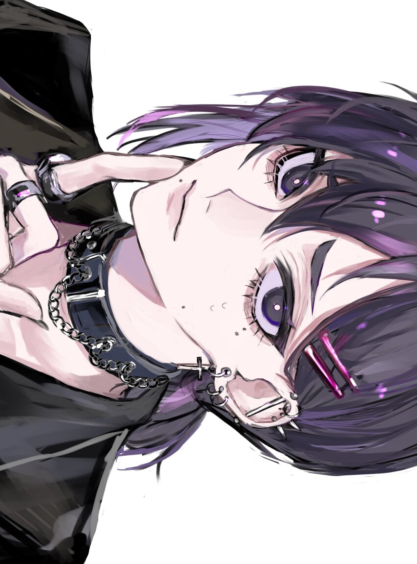 1girl, absurdres, ancoo_mm, barbell_piercing, black_choker, black_hair, black_jacket, black_nails, chainsaw_man, choker, cross, cross_earrings, ear_piercing, earrings, goth_fashion, hair_ornament, hairclip, higashiyama_kobeni, highres, industrial_piercing, jacket, jewelry, looking_at_viewer, mole, mole_under_eye, multiple_piercings, piercing, ponytail, ring, short_hair, short_ponytail, sideways, simple_background, single_sidelock, solo, swept_bangs, white_background