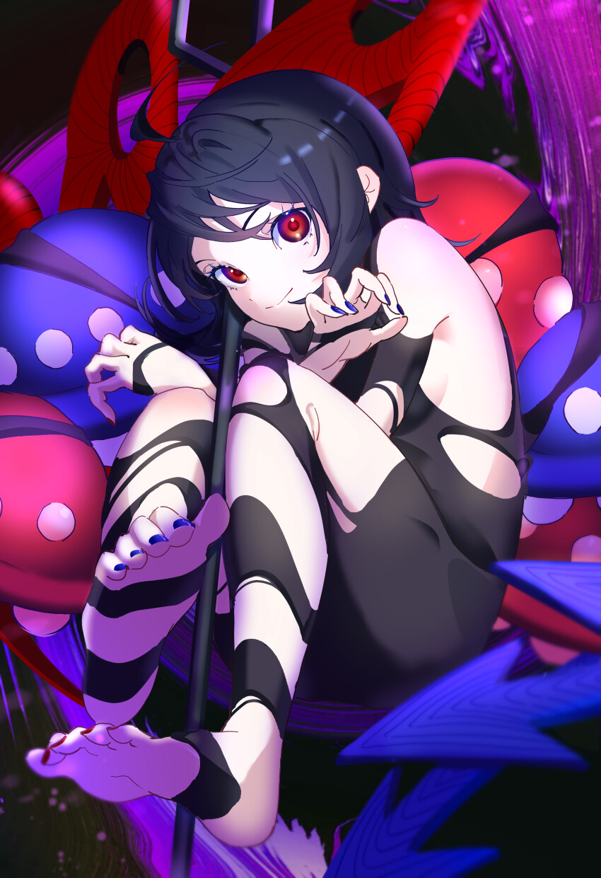 1girl, absurdres, asymmetrical_wings, black_dress, black_hair, black_thighhighs, blue_nails, blue_wings, closed_mouth, dress, feet, fingernails, foot_focus, highres, houjuu_nue, mizoreshi, nail_polish, pointy_ears, polearm, red_eyes, red_nails, red_wings, short_dress, short_hair, smile, soles, solo, thighhighs, toeless_legwear, toenails, toes, torn_clothes, torn_dress, touhou, trident, ufo, weapon, wings