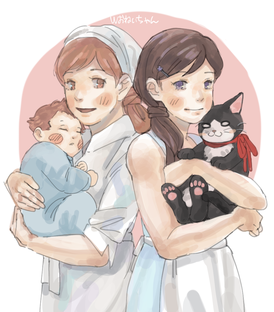 2girls, animal, baby, blush_stickers, brown_eyes, brown_hair, cat, character_request, creator_connection, crossover, hair_ornament, hairclip, higashi_no_eden, holding, holding_animal, holding_cat, kawamoto_akari, kawamoto_kuro, long_hair, looking_at_viewer, morimi_asako, mtmr_0721, multiple_girls, ponytail, purple_eyes, sangatsu_no_lion, sleeping, smile, standing, umino_chika_(style), white_headwear