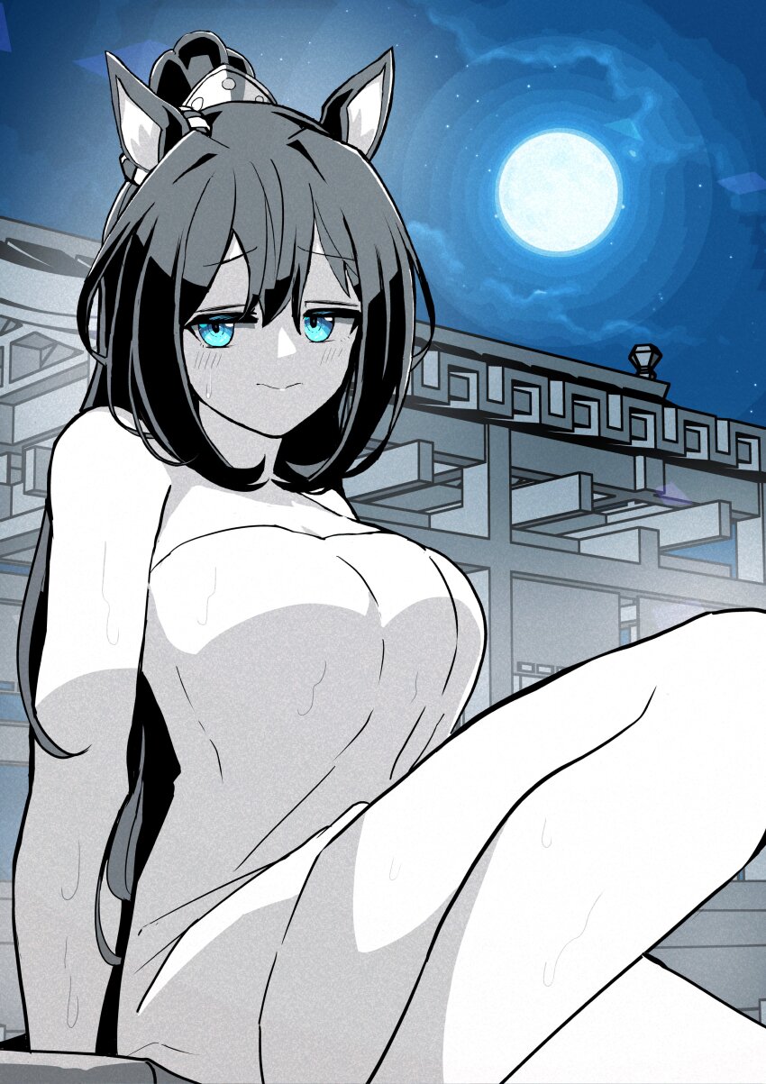 1girl, absurdres, animal_ears, aqua_eyes, bare_shoulders, breasts, closed_mouth, el_condor_pasa_(umamusume)