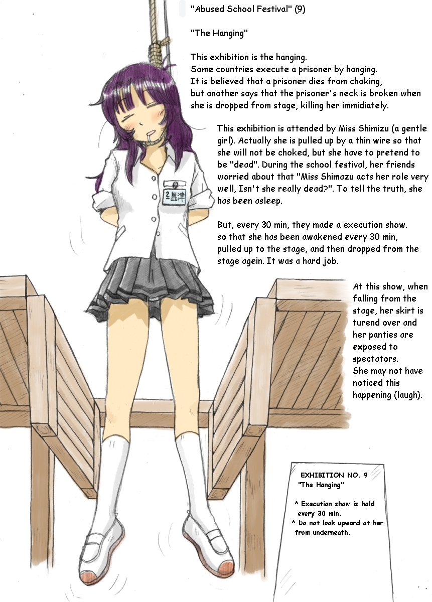 1girl, arms_behind_back, asphyxiation, bad_id, bad_pixiv_id, blush, execution, female_focus, grey_skirt, hanged, hard-translated, highres, name_tag, noose, panties, pantyshot, pleated_skirt, purple_hair, sachisuke_masumura, saliva, simple_background, skirt, sleeping, solo, thighs, third-party_edit, translated, trap_door, underwear, white_background