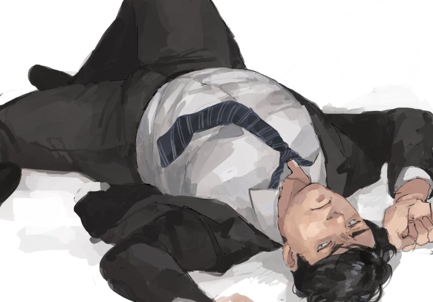 1boy, black_footwear, black_hair, black_pants, black_suit, formal_clothes, highres, long_sleeves