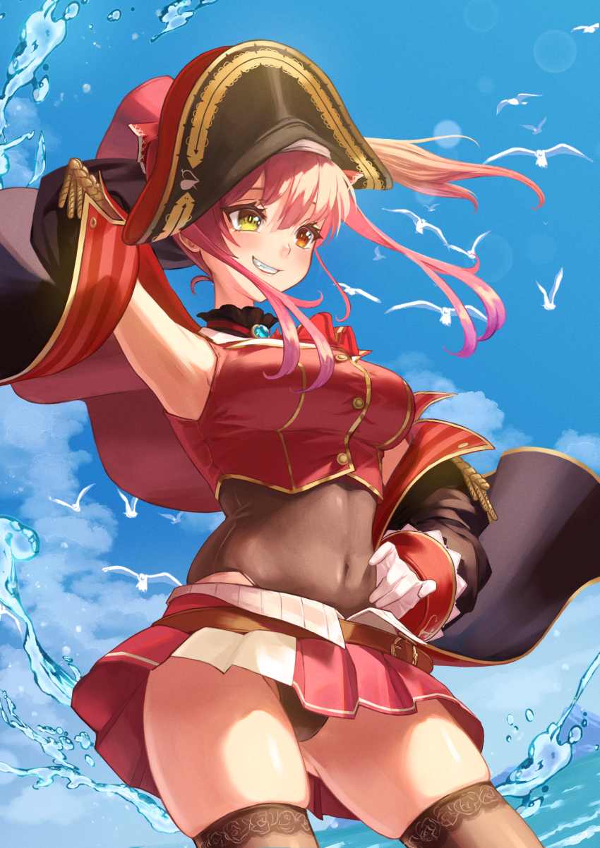 1girl, arm_up, armpits, ascot, belt, bird, black_jacket, blue_sky