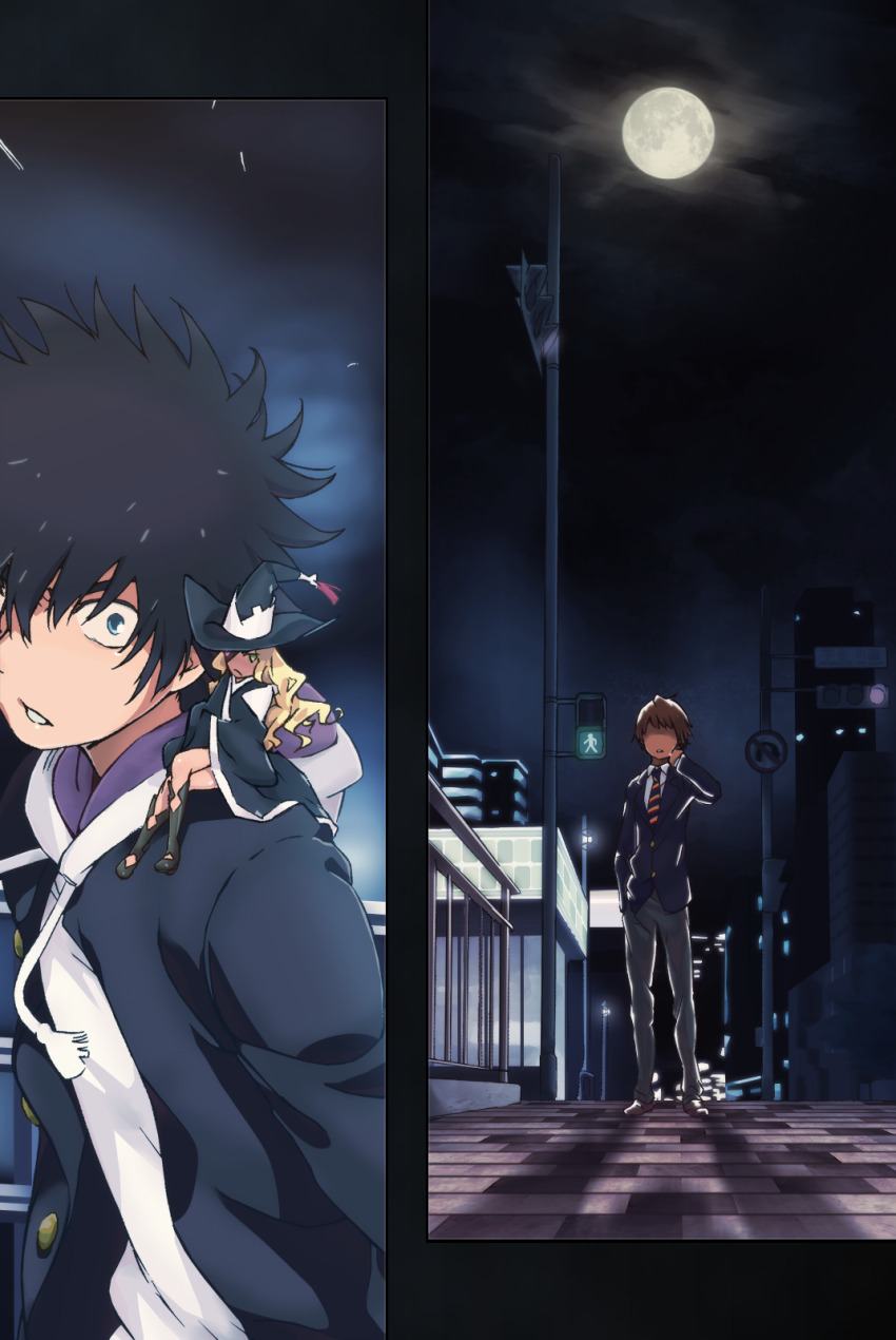 1girl, 2boys, a_certain_high_school_uniform, black_footwear, black_hair, black_jacket, blonde_hair, blue_eyes