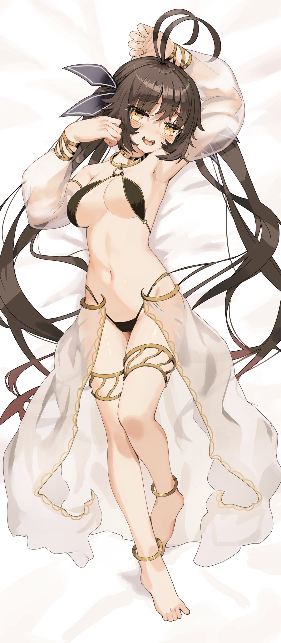 1girl, antenna_hair, barefoot, blush, breasts, brown_hair, dakimakura_(medium), feet
