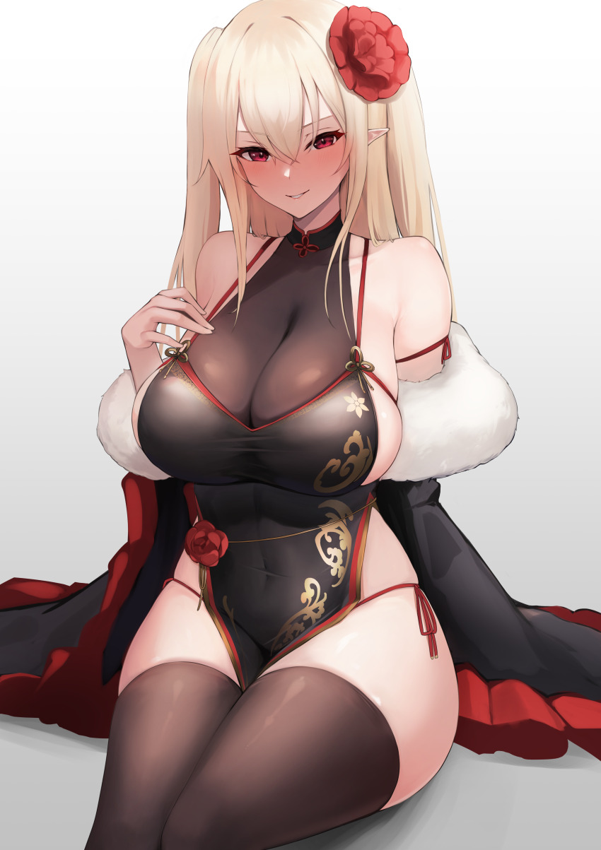 1girl, absurdres, protagonist_(pso2), bare_shoulders, black_dress, blonde_hair, blush, breasts