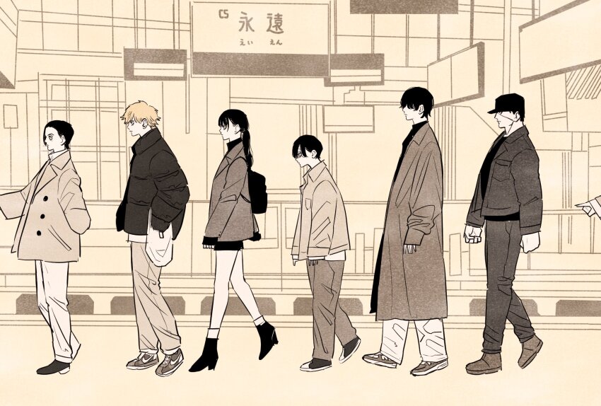 1girl, 5boys, akoku_seigi, black_hair, black_jacket, black_shirt, blonde_hair, brown_coat