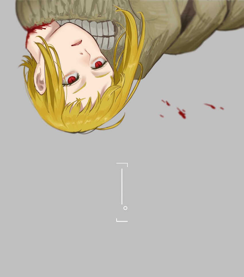 1girl, absurdres, blonde_hair, blood, blood_splatter, chainsaw_man, decapitation, grey_background