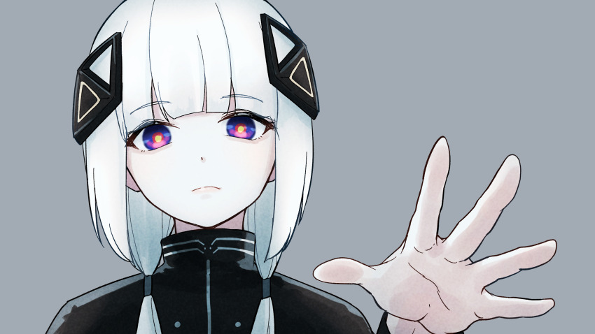 1girl, black_shirt, cevio, close-up, closed_mouth, commentary, hair_ornament, hand_up, highres, kafu_(cevio), kamitsubaki_studio, looking_at_viewer, maru_0426, multicolored_eyes, outstretched_hand, portrait, shirt, short_hair, sidelocks, solo, twintails, white_hair