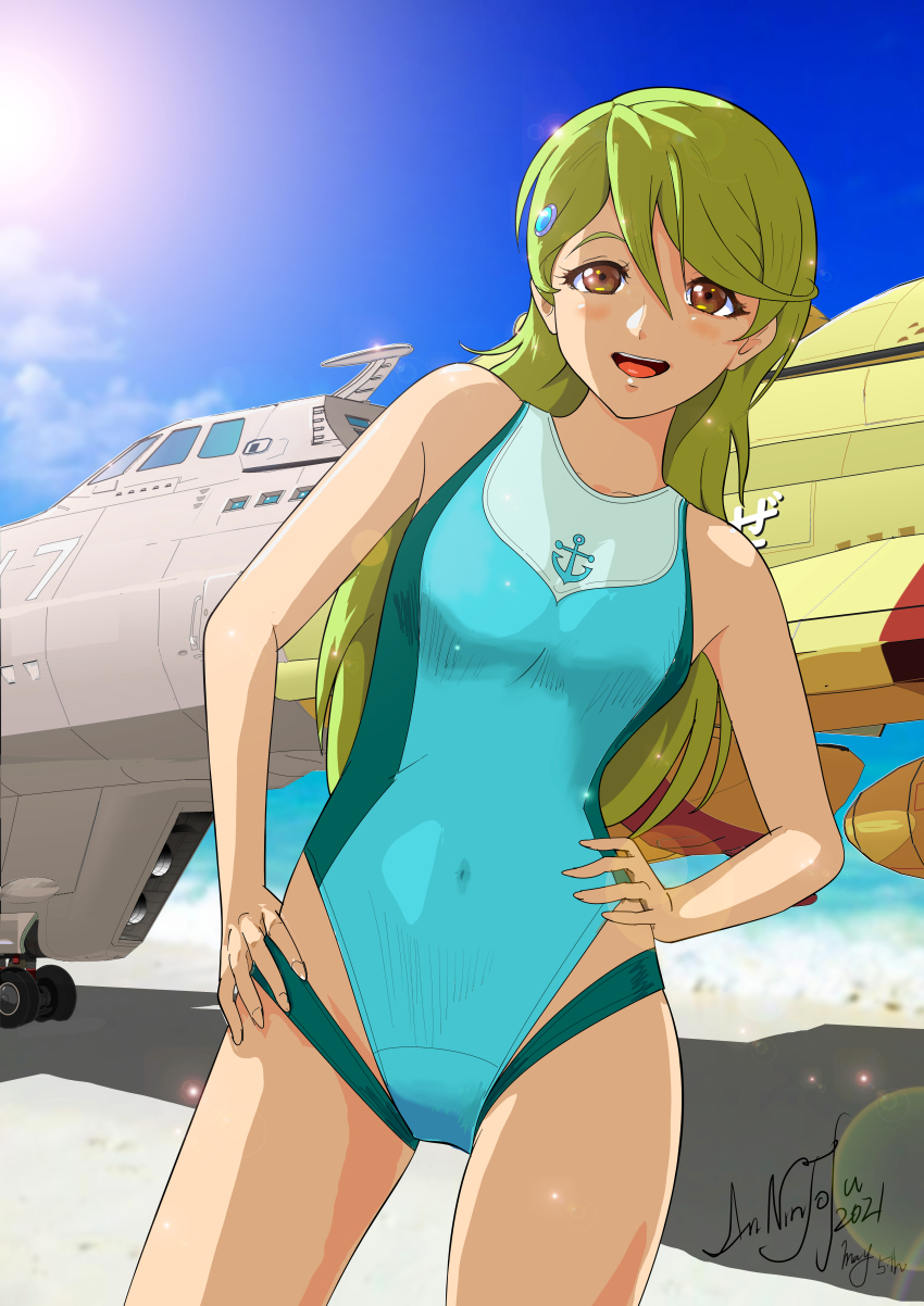 1girl, :d, absurdres, alternate_costume, annin_tofu, blonde_hair, blue_one-piece_swimsuit, breasts