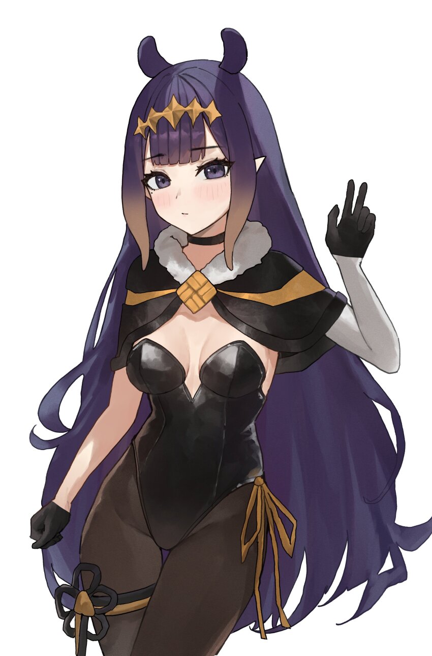 1girl, absurdres, arch_05x, asymmetrical_clothes, asymmetrical_gloves, black_capelet, black_choker, black_gloves, black_leotard, blunt_bangs, blush, bow, breasts, breasts_apart, capelet, choker, diamond_hairband, elbow_gloves, gloves, gradient_hair, hairband, highres, hololive, hololive_english, leotard, long_hair, looking_at_viewer, mole, mole_under_eye, multicolored_hair, ninomae_ina'nis, orange_hair, pantyhose, playboy_bunny, pointy_ears, purple_eyes, purple_hair, simple_background, single_elbow_glove, single_thighhigh, small_breasts, solo, straight_hair, strapless, strapless_leotard, striped_capelet, tentacle_hair, thigh_gap, thigh_strap, thighhighs, v, very_long_hair, virtual_youtuber, white_background