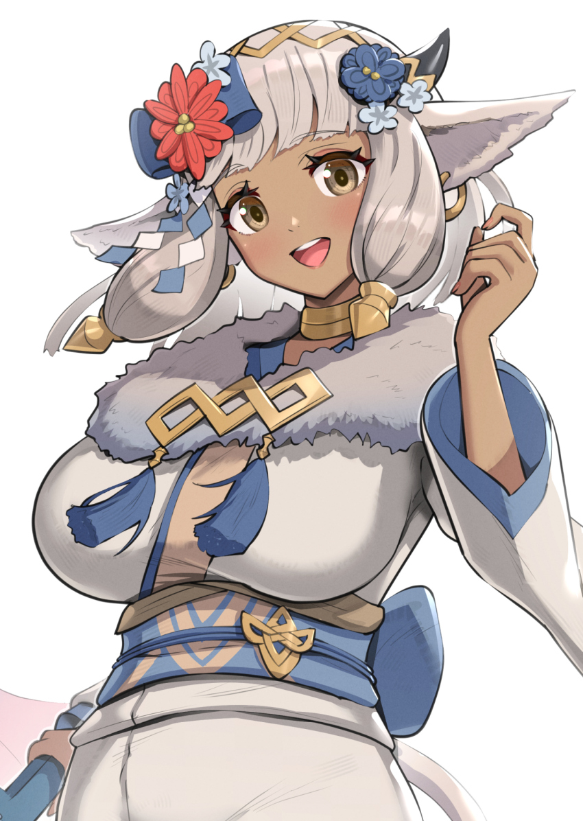 1girl, animal_ears, ash_(fire_emblem), ash_(new_year)_(fire_emblem), breasts, cow_ears, cow_horns, dark-skinned_female, dark_skin, earrings, fire_emblem, fire_emblem_heroes, fur_trim, gonzarez, hair_tie, highres, hoop_earrings, horns, japanese_clothes, jewelry, kimono, large_breasts, long_hair, nintendo, tail, white_hair