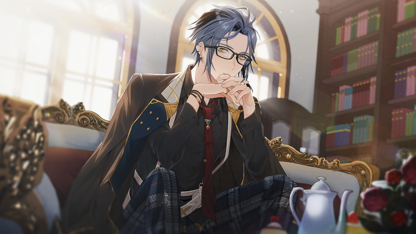 1boy, belt, black-framed_eyewear, black_coat, black_shirt, blue_hair, blue_pants, blurry